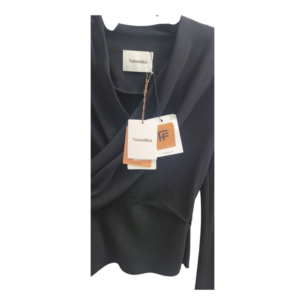 Nanushka Black Ruched Asymmetrical Wrap Top Size 10 Black (Runs Small 8) - Picture 6 of 9